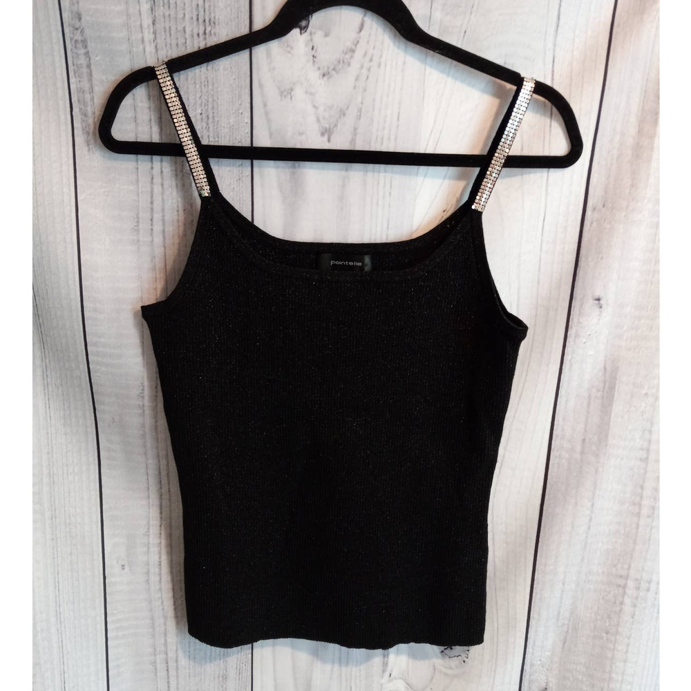 Pointelle Vintage 90s Y2K Black Silk-Blend Shimmer Tank Top Metallic Mesh Straps